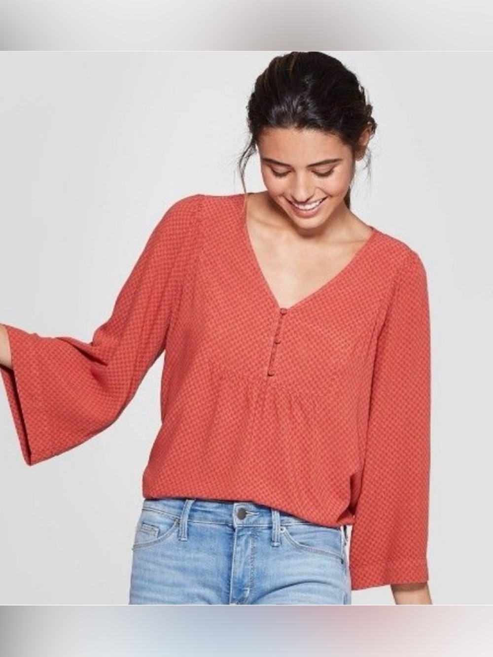 Universal Thread Rust Textured V-Neck Button Peasant Blouse